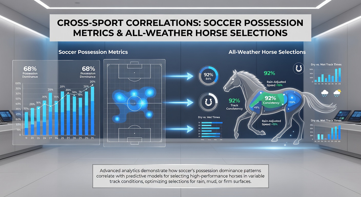 Data analysts reviewing soccer possession charts and all-weather horse racing form guides side by side