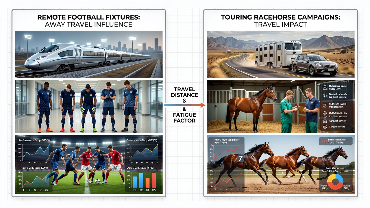 Racehorses being unloaded from a transport plane at an international airport and a football squad arriving at a distant stadium