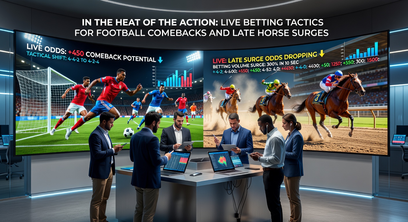 Horse racing surge captured mid-finish, a late-charging contender overtakes the field under a setting sun, highlighting pace collapse and rally potential