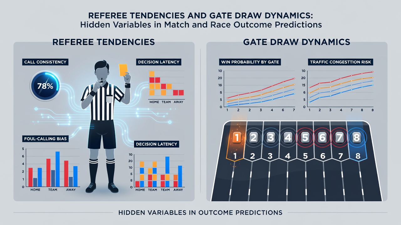 Data charts displaying referee card statistics and horse racing gate draw performance metrics side by side