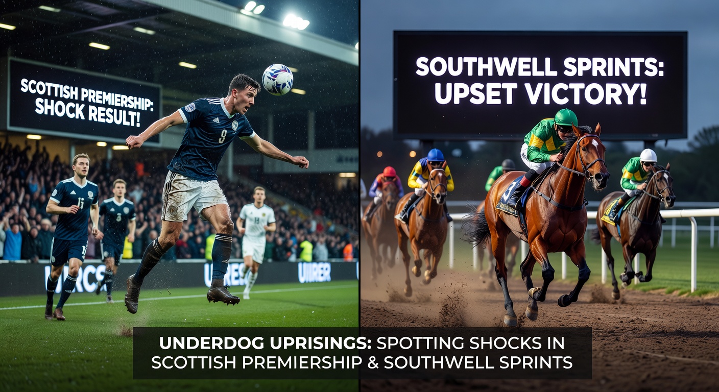 Dynamic action shot of horses charging down Southwell's straight in a sprint race, underdog outsider surging ahead in the final furlong amid spray from the Fibresand surface