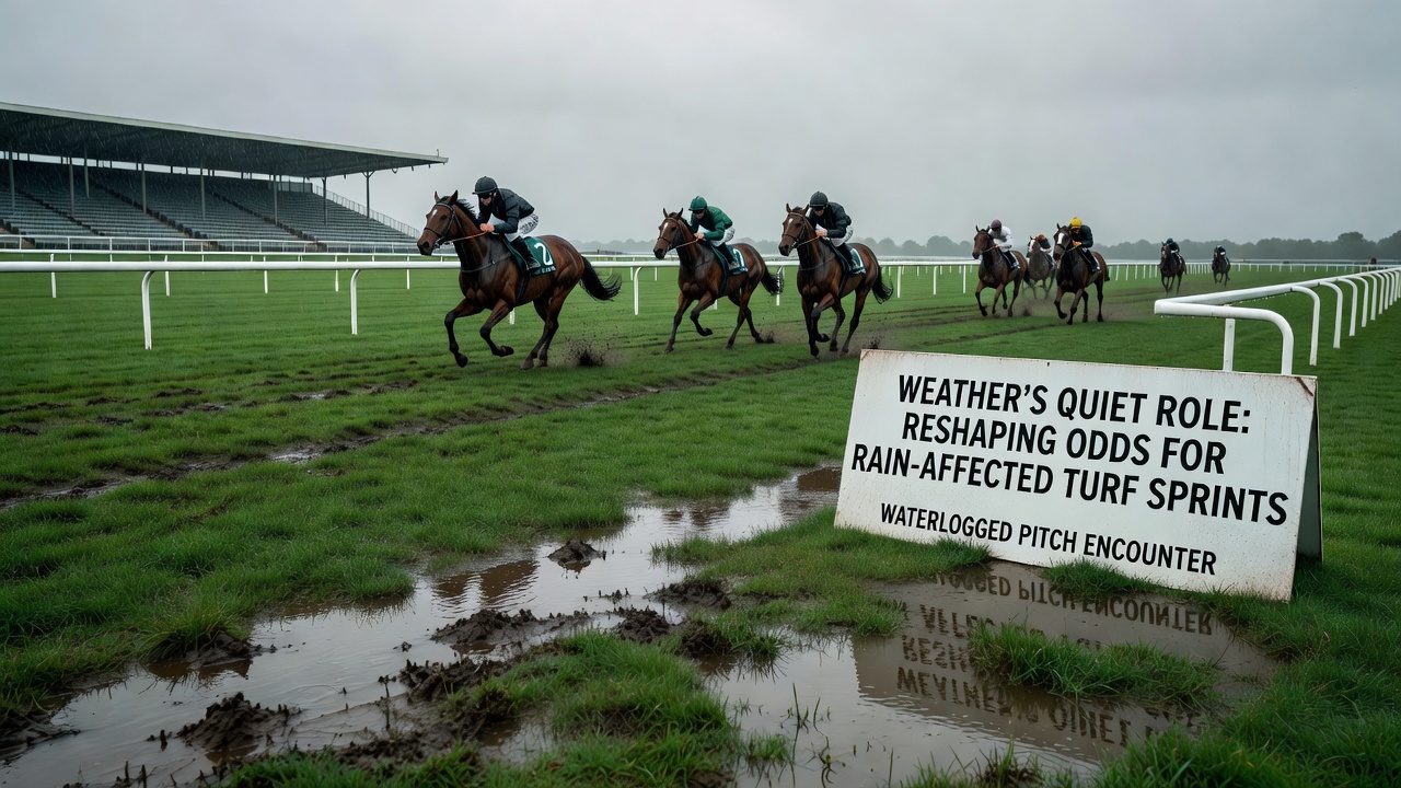 Waterlogged football pitch during a lower division match with players adapting to heavy conditions